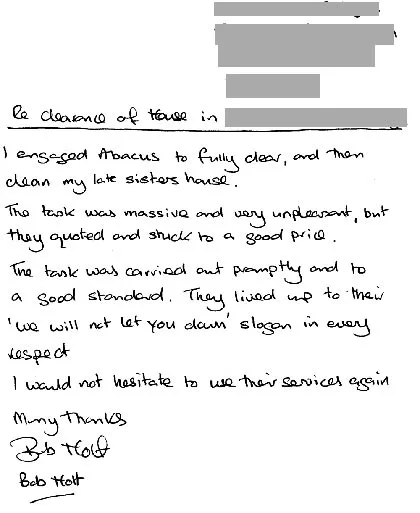 Handwritten thank-you letter from a customer — Abacus cleared a late relative's house, stuck to the agreed price and lived up to their 'we will not let you down' promise