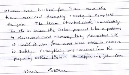 Handwritten thank-you letter from a customer — the team arrived promptly, removed a stubborn cooker safely and cleared the whole property in an hour and a half
