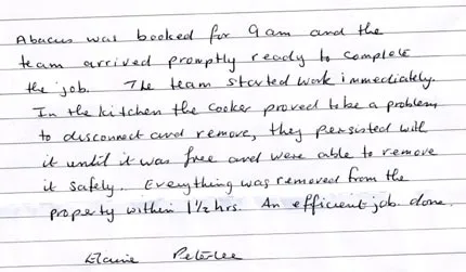 Handwritten thank-you letter from a customer — the team arrived promptly, removed a stubborn cooker safely and cleared the whole property in an hour and a half